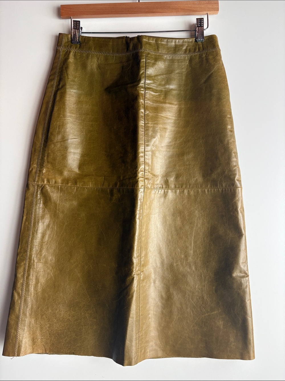 Gap Vintage Y2K Olive Green Leather A-Line Midi Skirt Size 4